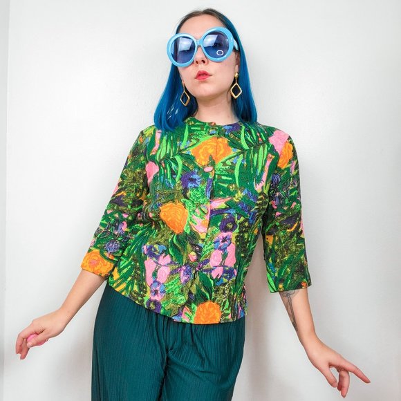 Vintage 1960s Retro Green Floral Print Shacket / Blouse - Picture 1 of 7